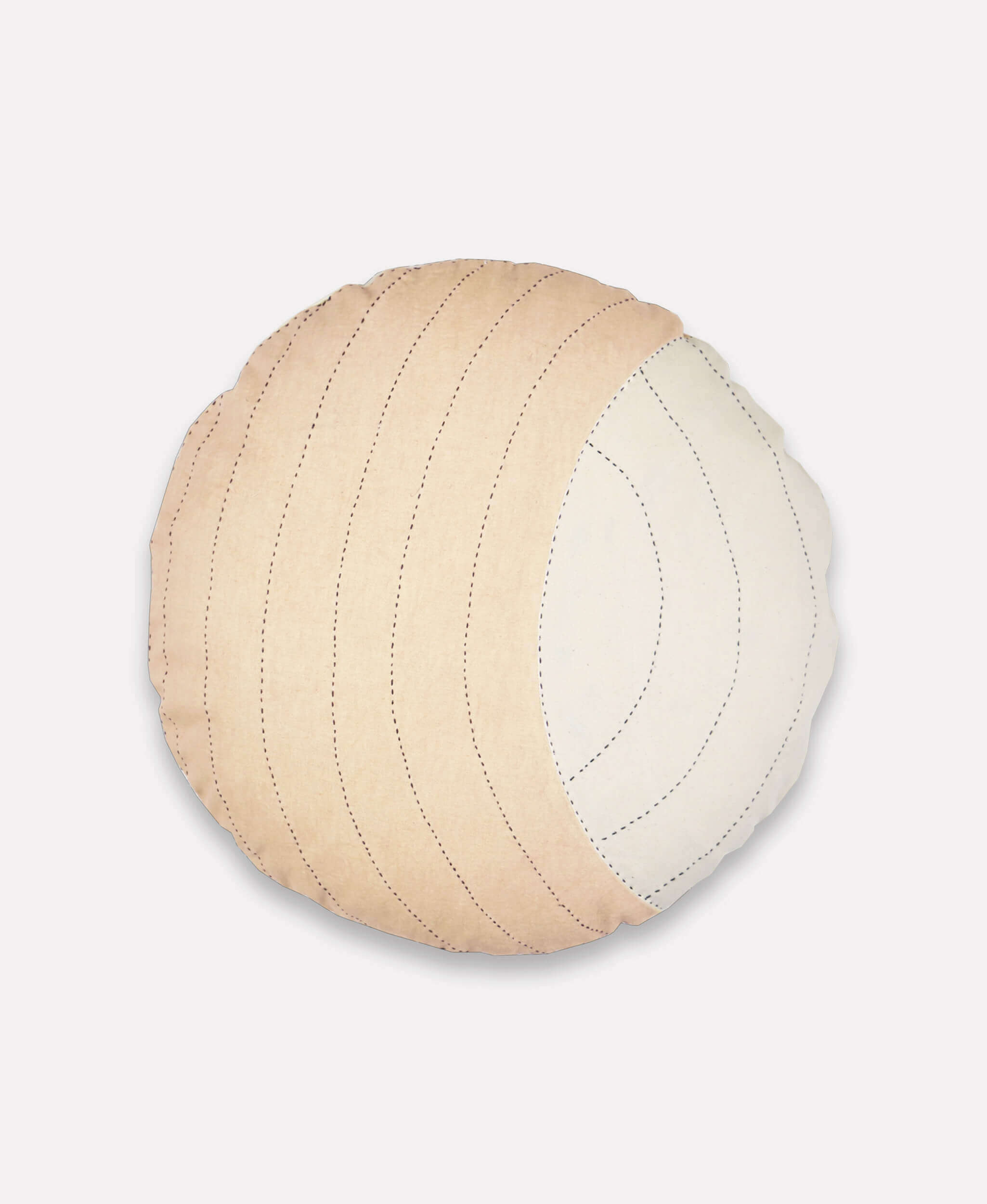 Round handmade accent pillow with neutral colorblock design