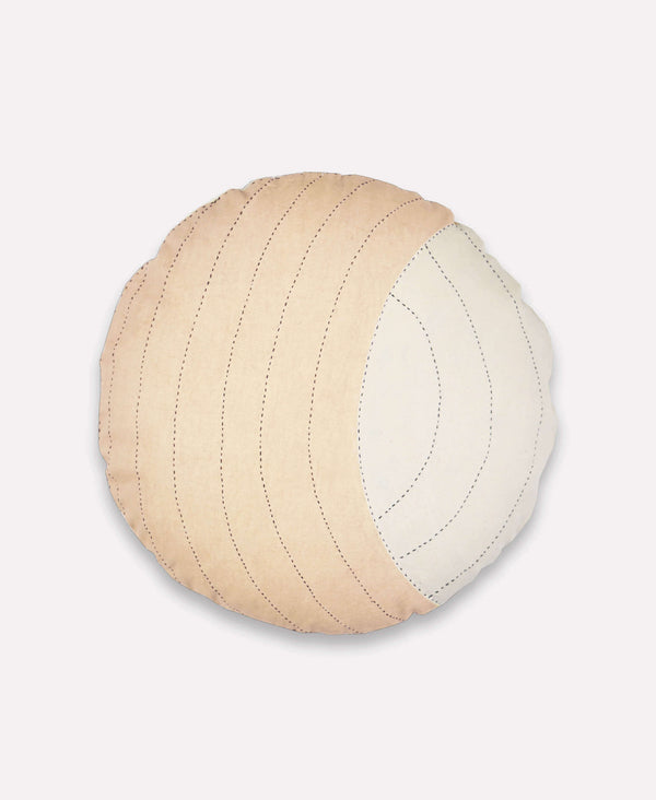 Round handmade accent pillow with neutral colorblock design