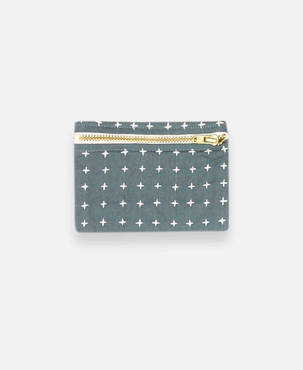 Anchal Project organic cotton coin purse with cross-stitch embroidery in spruce green