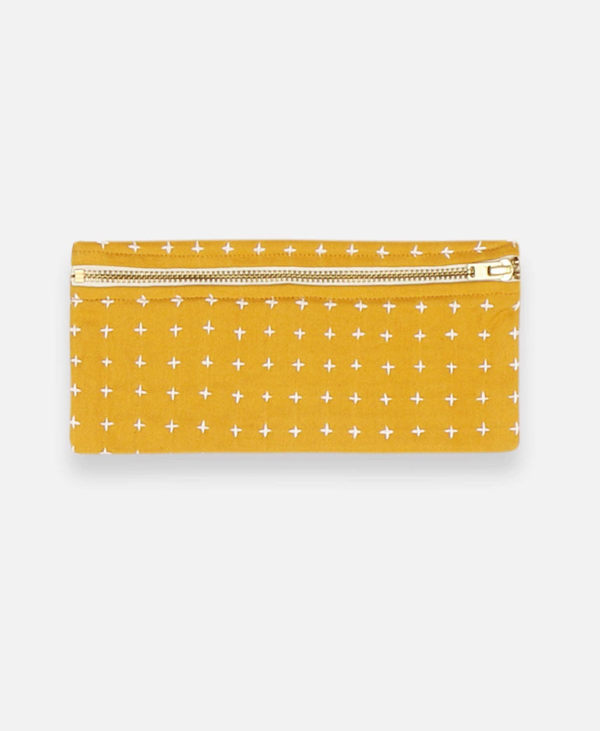 Anchal Project organic cotton pencil case with cross-stitch embroidery in mustard yellow