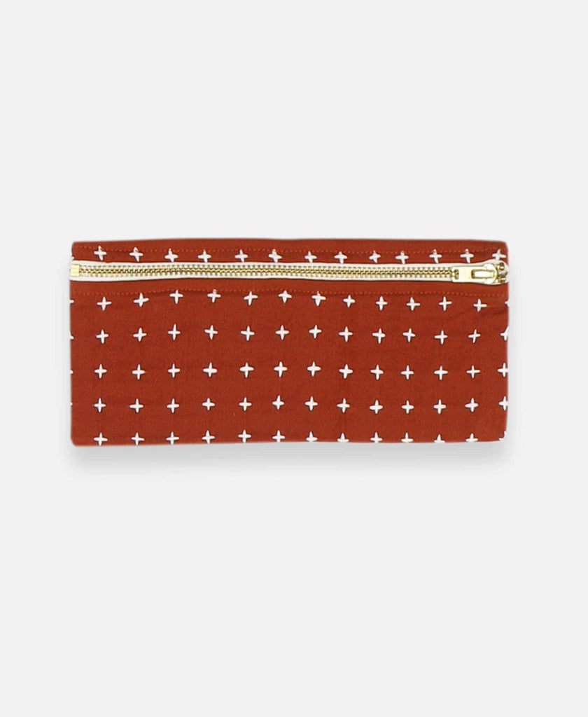 Anchal Project organic cotton pencil case with cross-stitch embroidery in rust orange