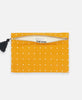ethically made organic cotton clutch with modern cross-stitch embroidery in mustard yellow