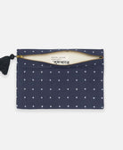 artisan-made clutch with tassels in navy blue