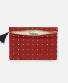 modern cross-stitch pouch bag with tassel zipper in rust orange