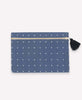 slate blue pouch clutch with zipper tassel and hand-embroidered cross-stitching
