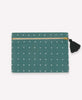 spruce green cross-stitch embroidered pouch bag with tassel zipper pull