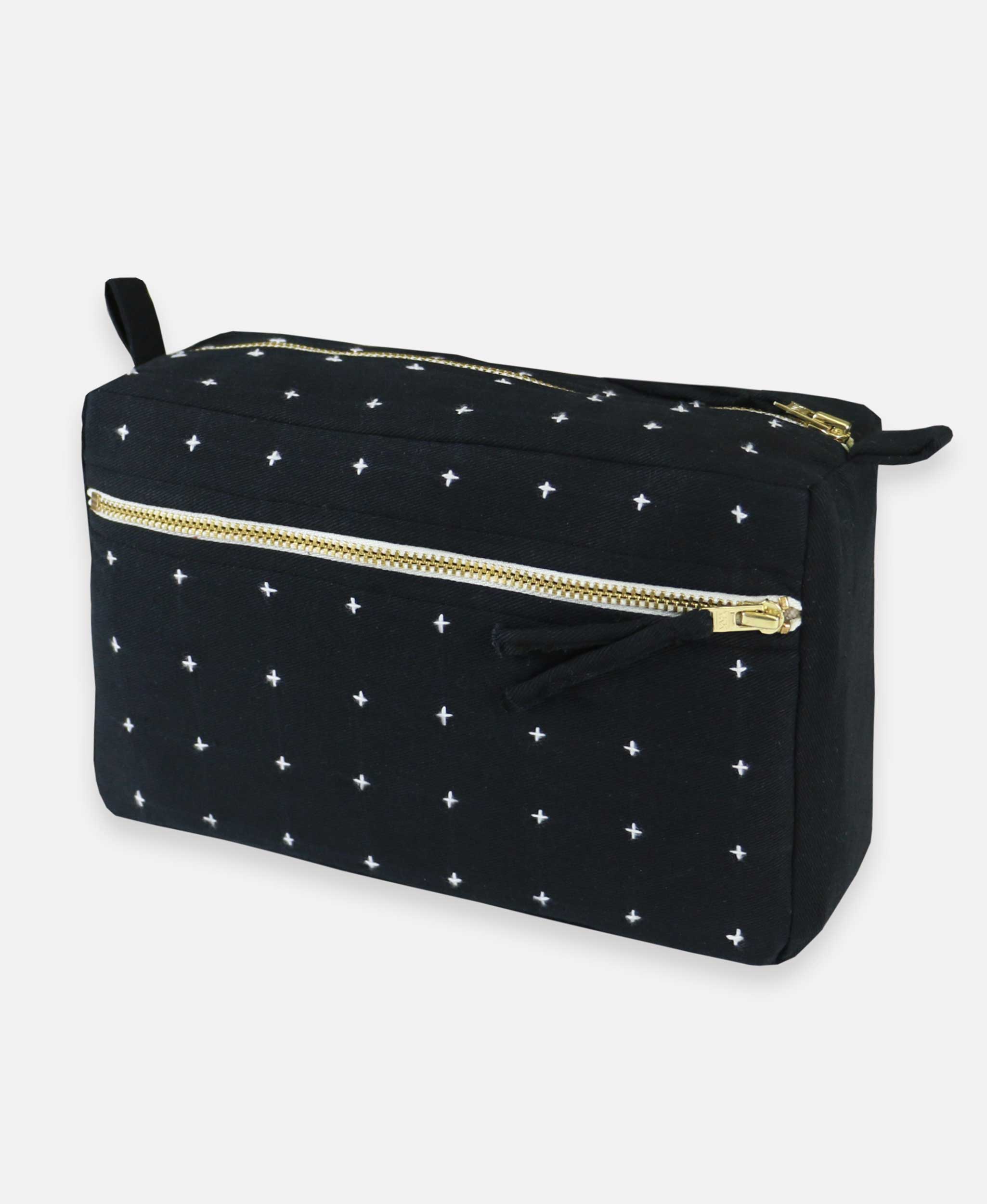 black cotton makeup bag with zipper