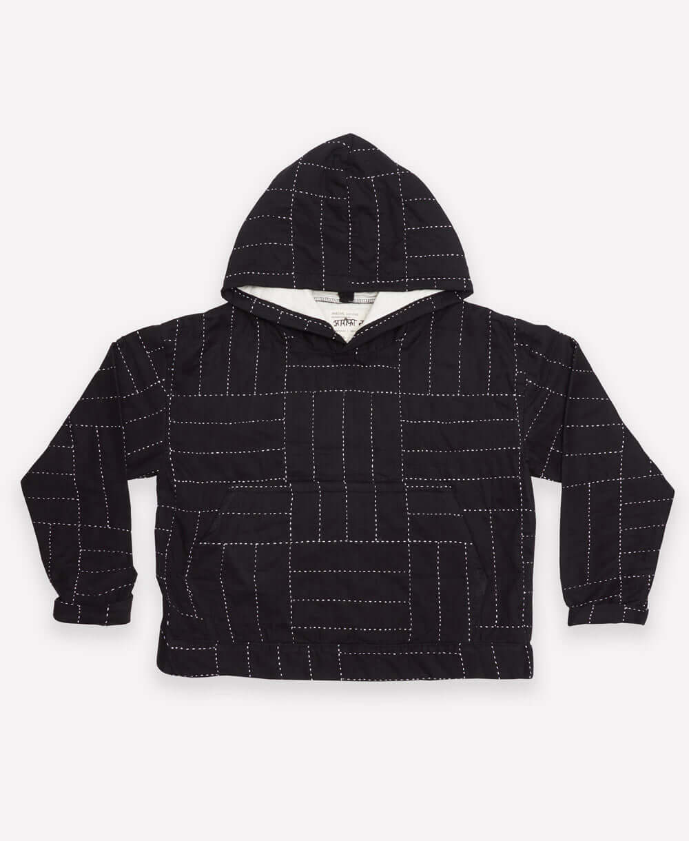 100% organic cotton modern black quilted hoodie with grid design by Anchal