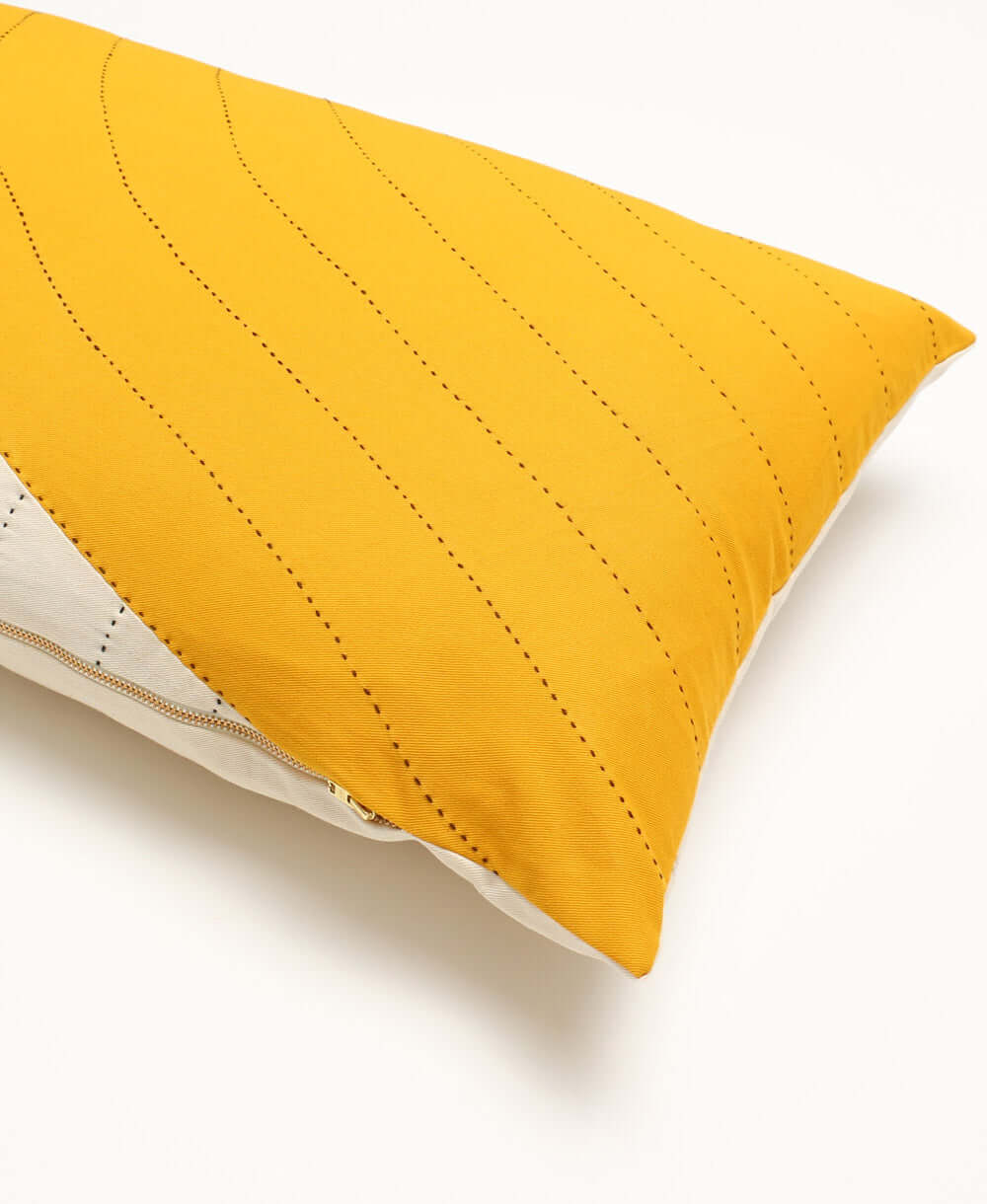 hand-embroidered mustard yellow lumbar pillow with detailed kantha stitching handmade in India