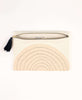 Zippered pouch clutch with hand-stitched name of artisan maker