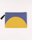 Anchal pouch clutch with tassel zipper pull in slate blue and mustard yellow eclipse design