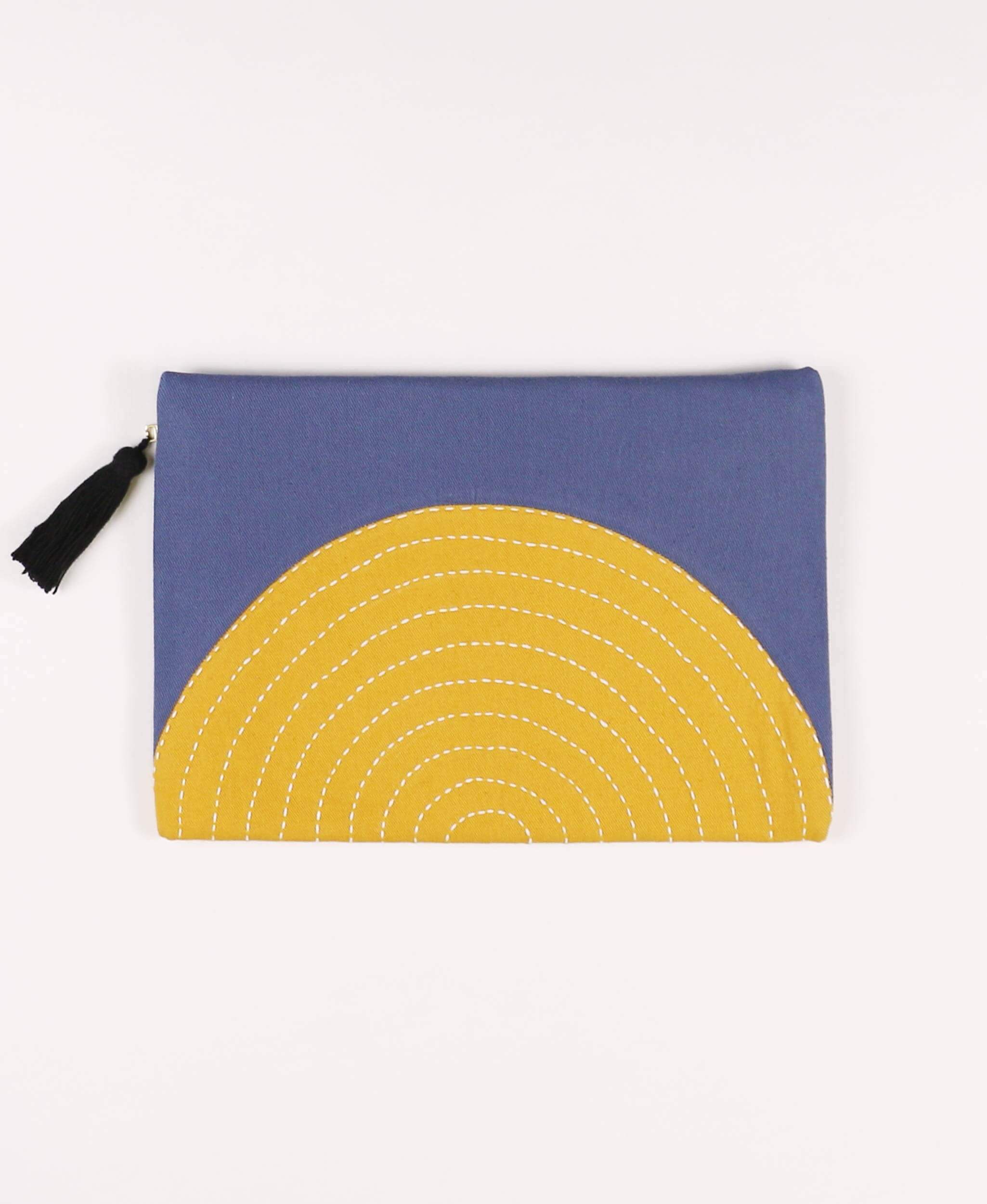 Anchal pouch clutch with tassel zipper pull in slate blue and mustard yellow eclipse design