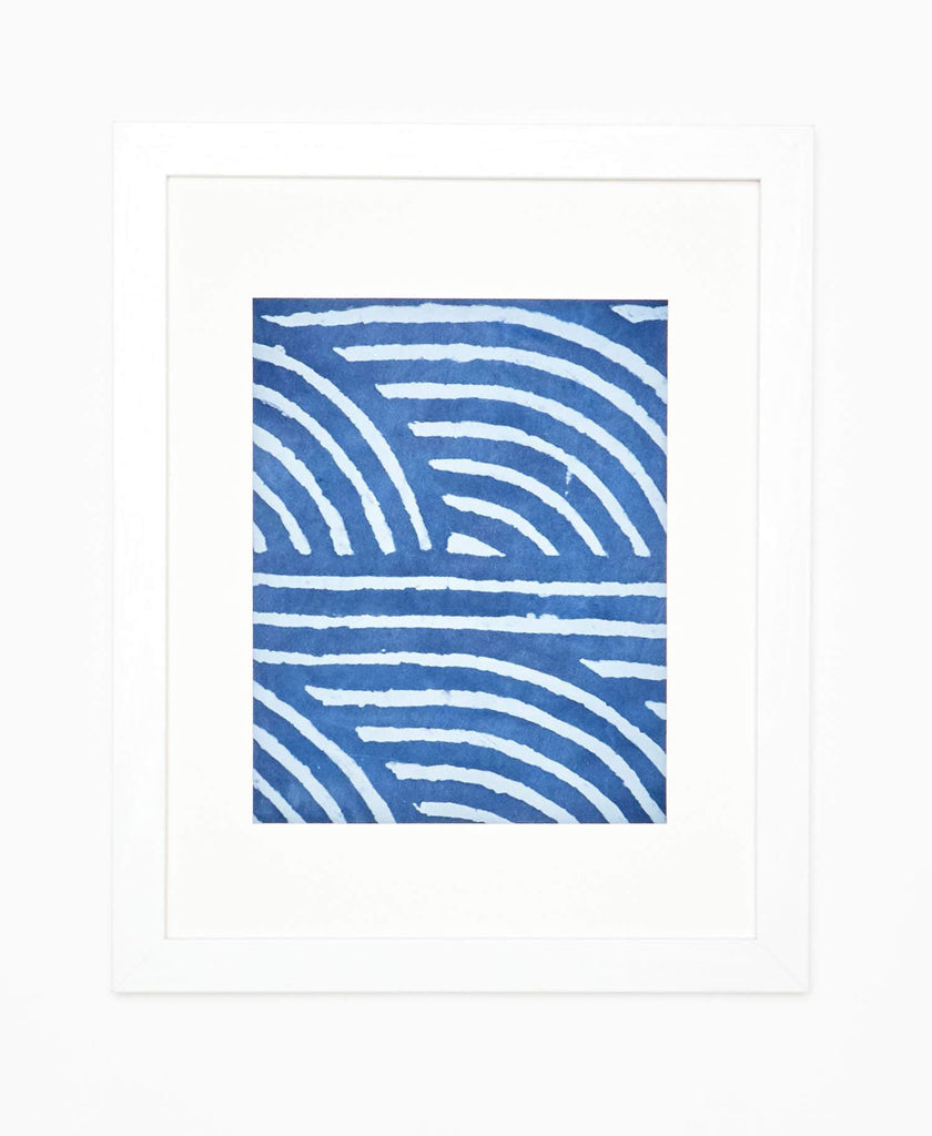 indigo blue framed silk textile art using katazome natural dyeing technique