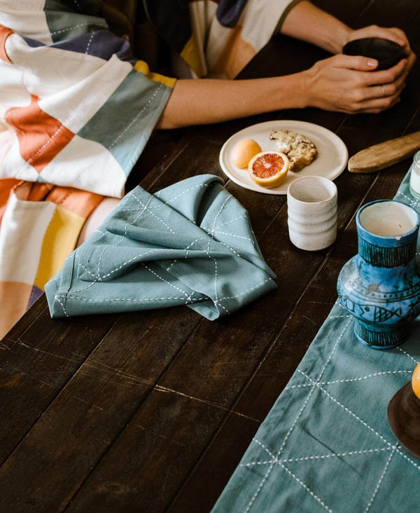 fall brunch tablescape featuring contemporary geometric table runner and matching napkin set