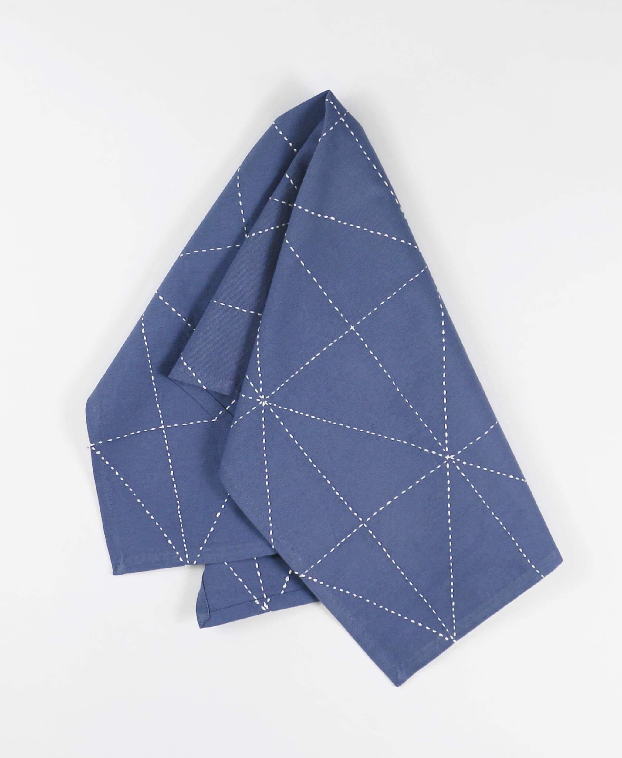 slate blue dish towel with geometric design made with kantha stitching