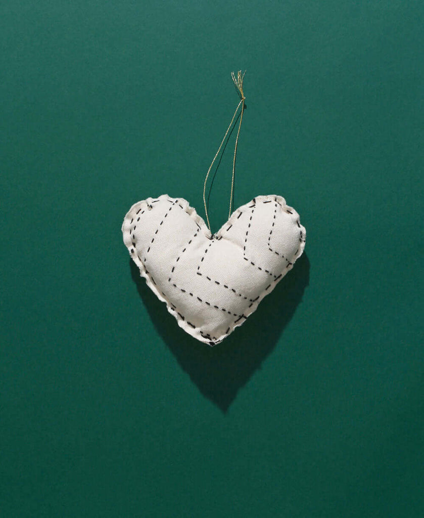 kantha heart ornament made from organic cotton by Anchal Project