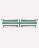 Ivory and teal cross design lumbar pillow made from organic cotton