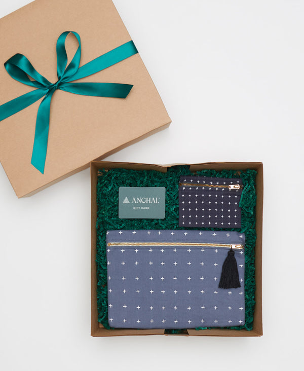 sustainable holiday gift box set featuring hand-embroidered purse and Anchal Project gift card