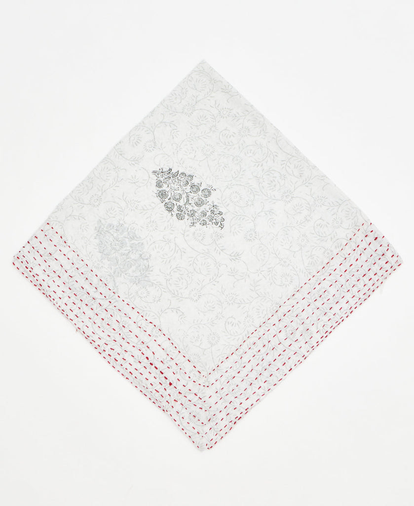 white cotton bandana with pale grey paisley details and red traditional kantha stitching