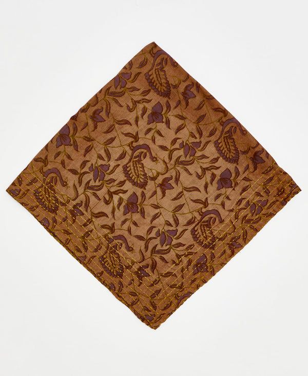 brown cotton bandana with purple birds and flowers and yellow traditional kantha stithcing
