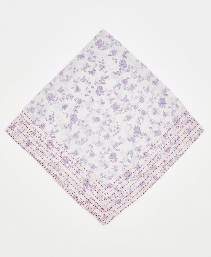 white vintage kantha cotton bandana with lavender swirling vines and flowers with red traditional kantha stitching