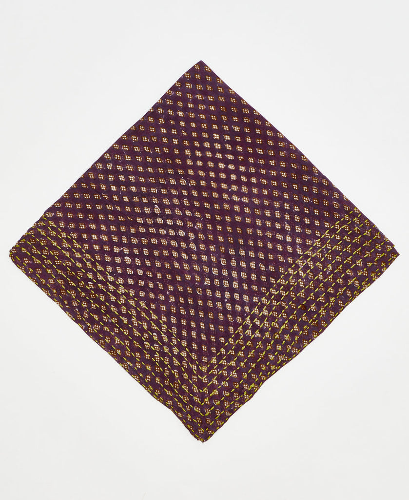 burgundy vintage cotton bandana with a small yellow geometric and yellow traditional kantha stitching
