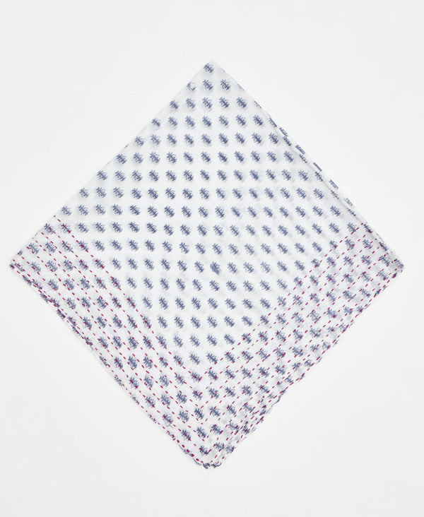 white vintage kantha bandana with small traditional blue pattern and kantha stitching