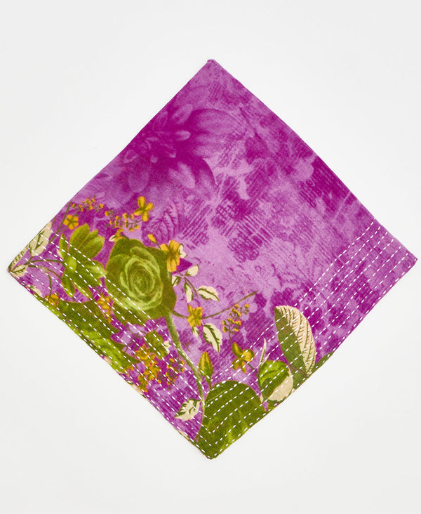 bright fuchsia cotton bandana with large olive green roses and leaves with white traditional kantha stitching along the edges