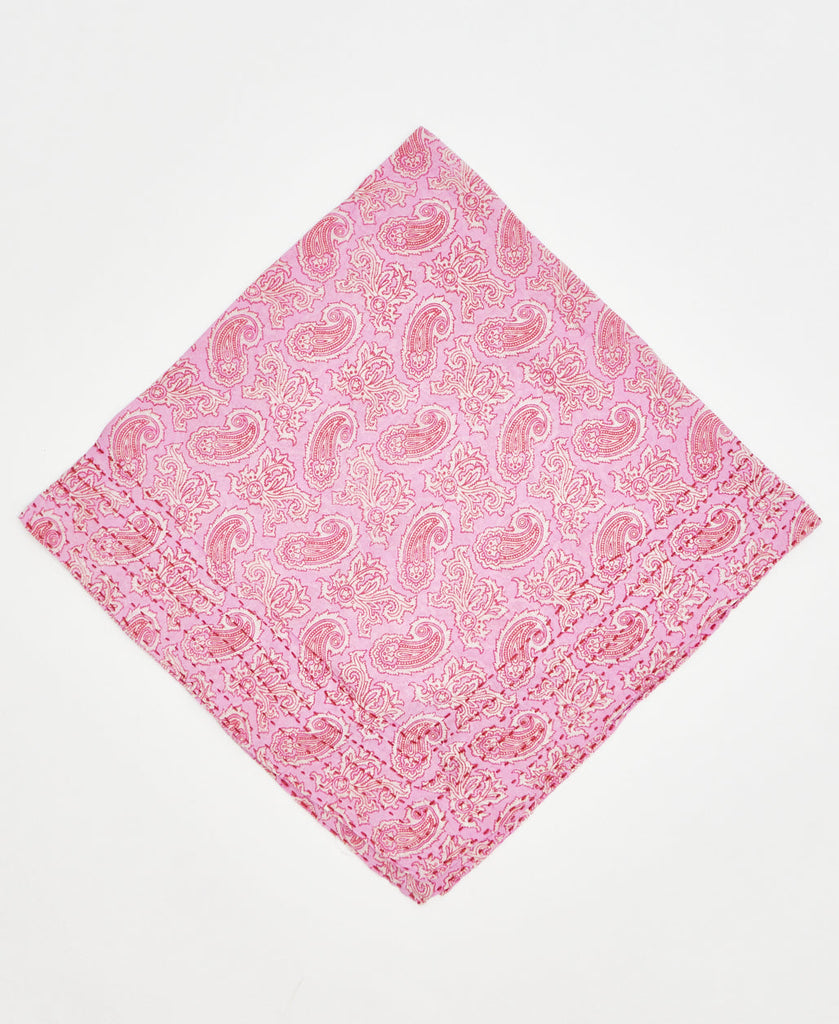 bubblegum pink vintage kantha bandana with pink and white paisleys and red traditional kantha stitching