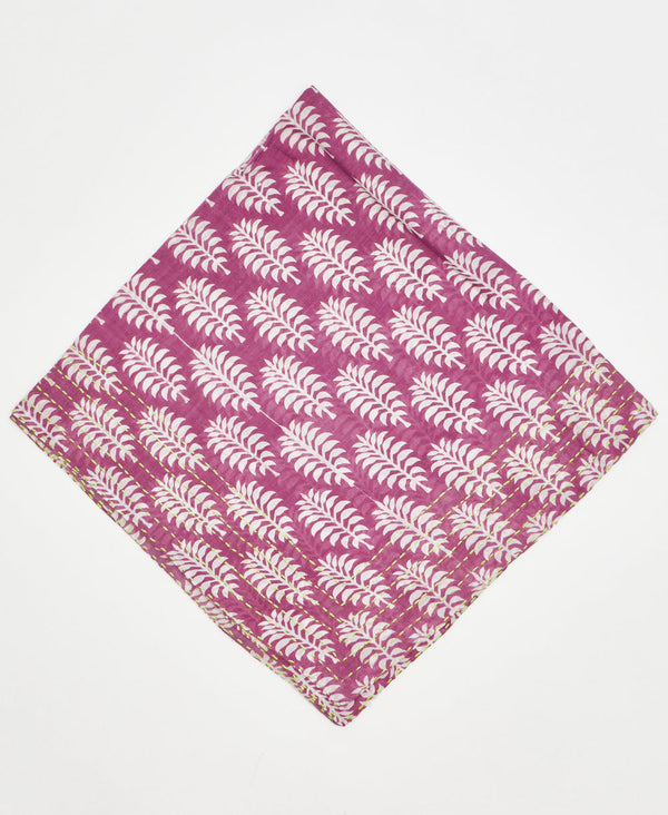 purple vintage kantha bandana with white repeating leaf pattern and neon yellow traditional kantha stitching along its edges