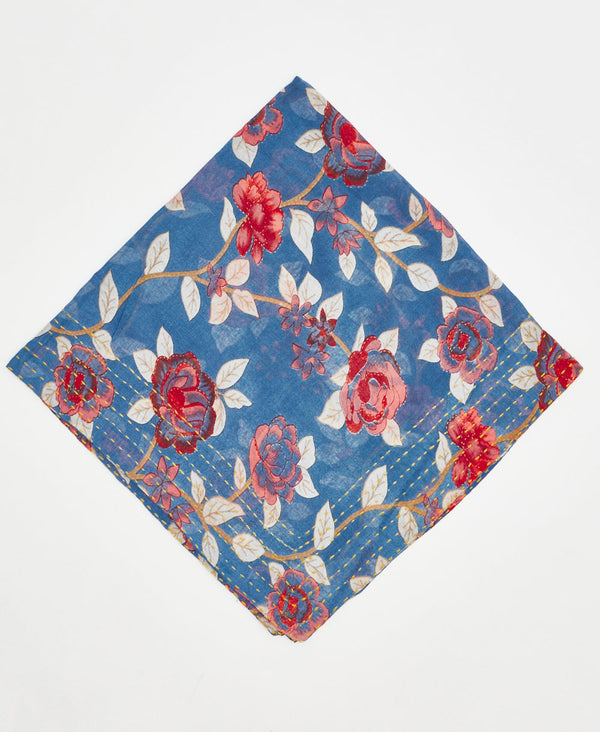 blue vintage kantha bandana with red and pink flowers and white leaves