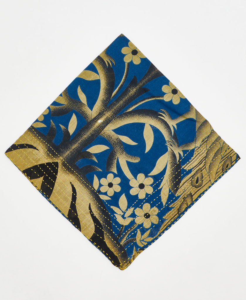 dark blue cotton bandana with yellow and black flowers and yellow traditional kantha stitching along its edges