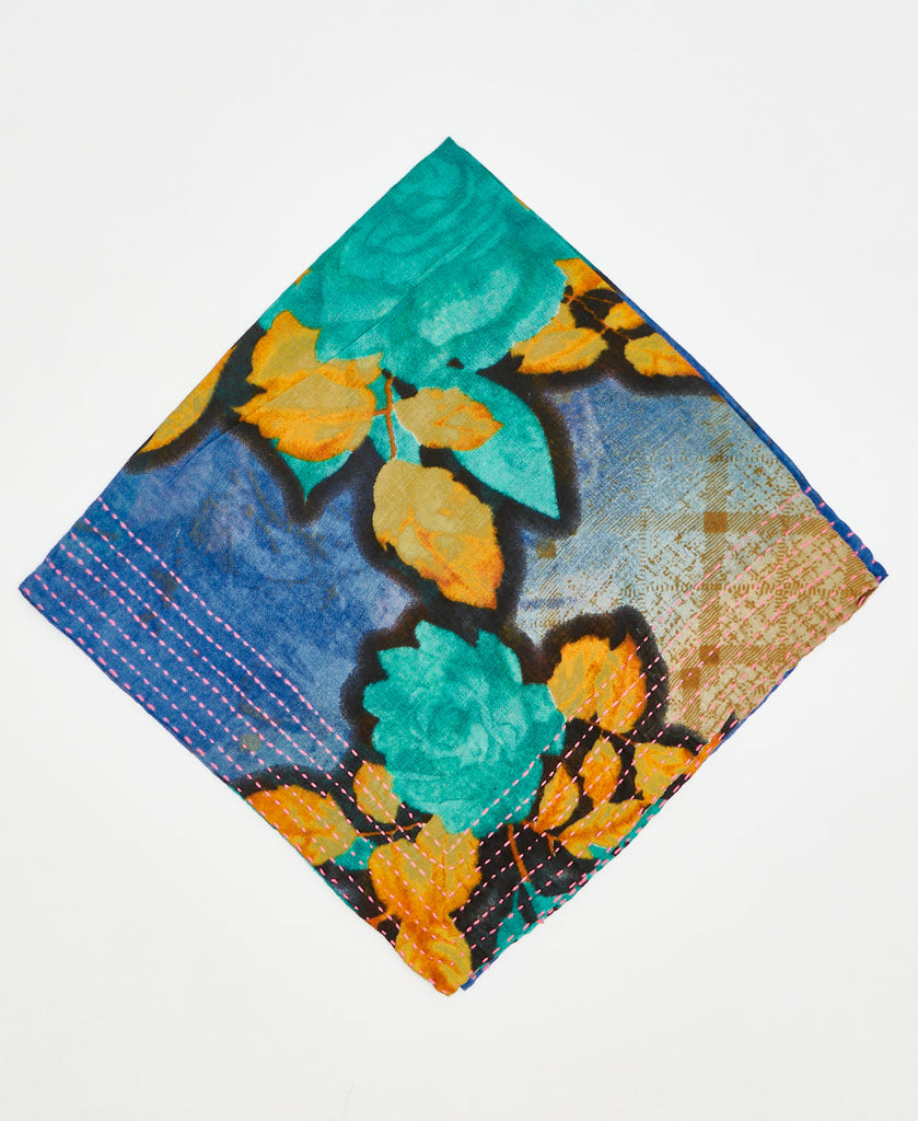 blue cotton bandana with giant teal and yellow flowers outlined in black and neon pink kantha stitching 