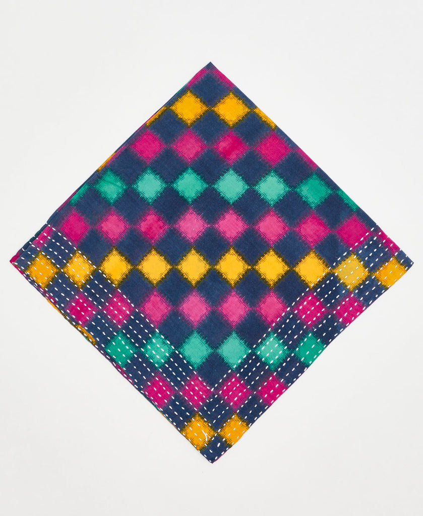 navy cotton bandana with magenta, teal, and yellow checkerboard pattern and white traditional kantha stitching