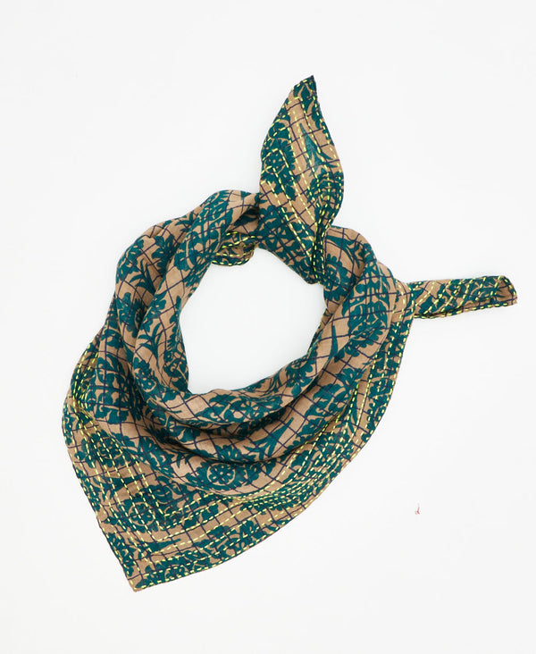 beige and teal fair trade bandana handmade by women artisans using 2 layers of upcycled vintage cotton saris