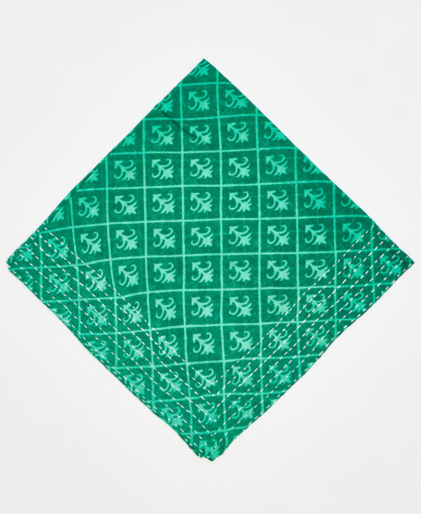 green cotton bandana with teal grid pattern and traditional pattern and white kantha stitching