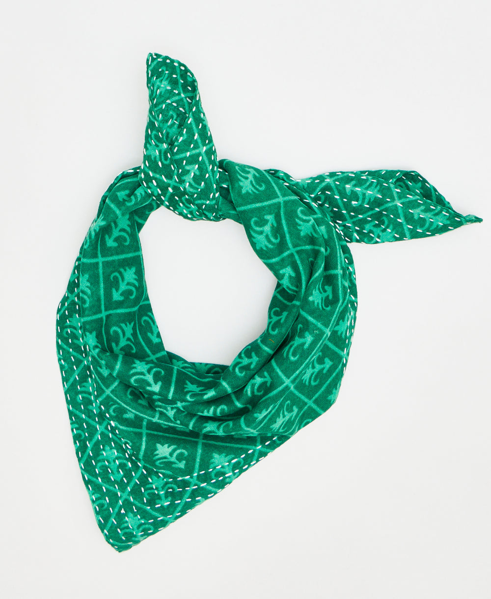 green and teal fair trade bandana handmade by women artisans using 2 layers of upcycled vintage cotton saris