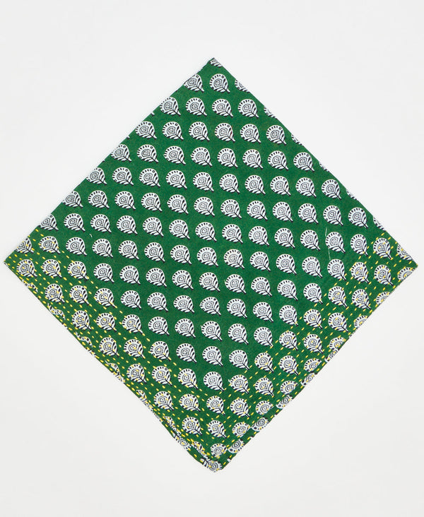 kelly green cotton bandana with white paisleys and yellow kantha stitcing along its edges