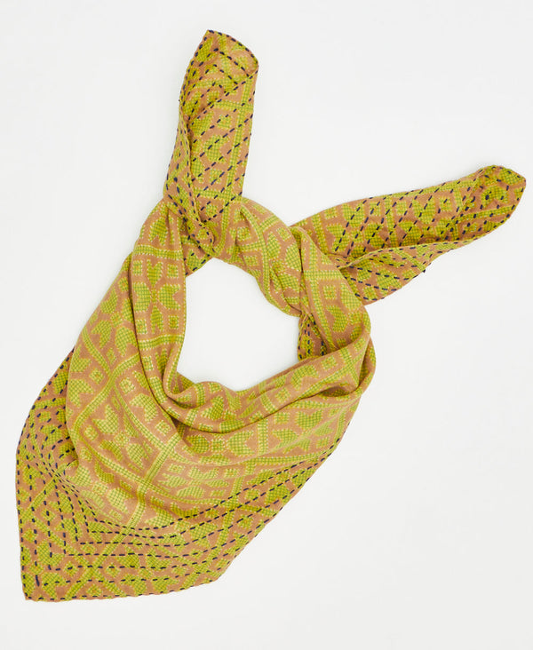 beige and green geometric fair trade bandana handmade by women artisans using 2 layers of upcycled vintage cotton saris 