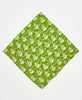neon green cotton bandana with repeating white floral pattern and red traditional kantha stitching along its edges
