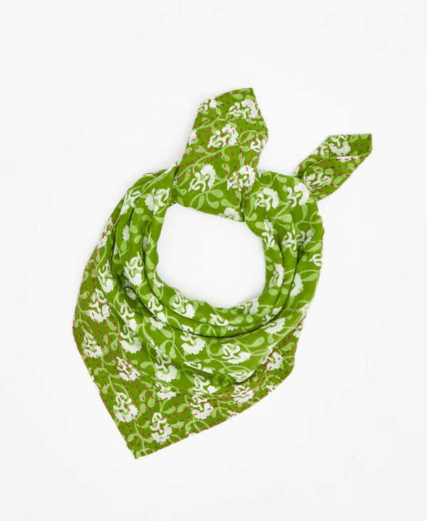 green and white floral fair trade bandana handmade by women artisans using 2 layers of upcycled vintage cotton saris