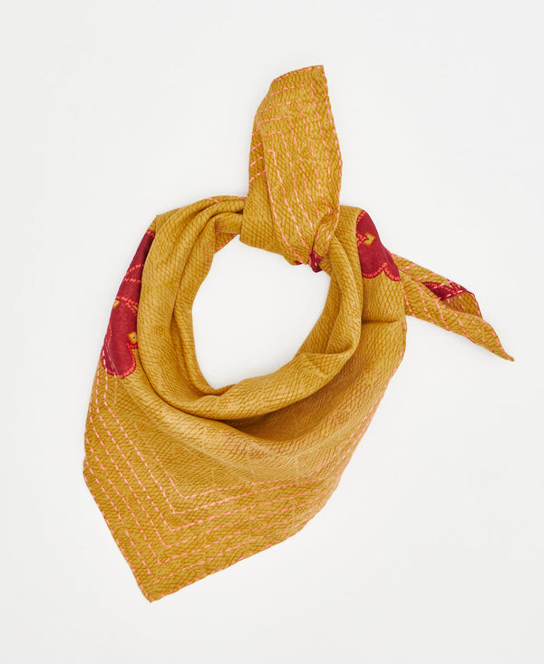 fair trade mustard yellow bandana handmade by women artisans using 2 layers of recycled vintage cottons saris