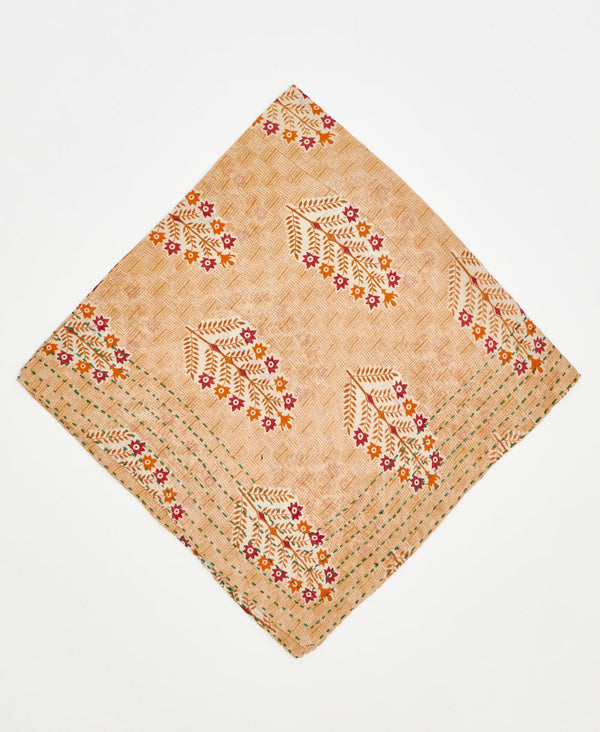 beige cotton bandana with pink and orange flowers and green kantha stitching 