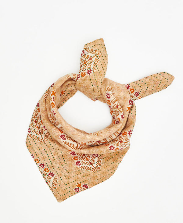 beige floral fair trade bandana handmade by women artisans using 2 layers of upcycled vintage cotton saris handstitched together 