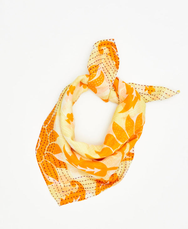 yellow and orange floral fair trade bandana handmade by women artisans using 2 layers of repurposed vintage cotton saris