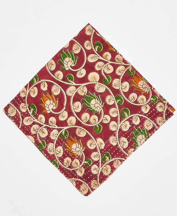 burgundy cotton bandana with beige vines and green and orange flowers