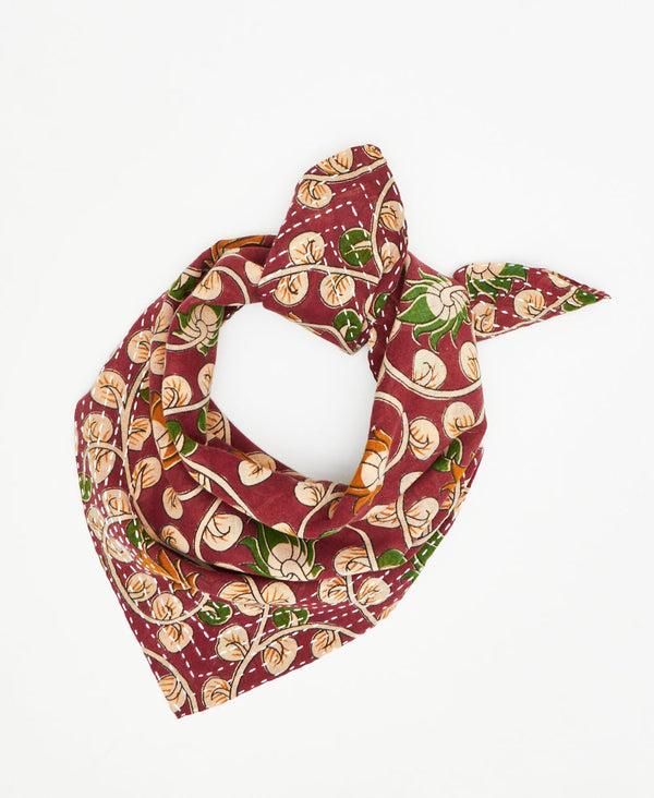 burgundy one-of-a-kind bandana handmade by women artisans using 2 layers of upcycled vintage cotton saris
