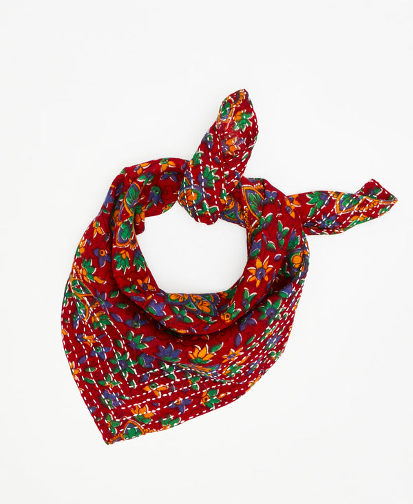 red floral bandana handmade by women artisans using 2 layers of recycled vintage cotton saris