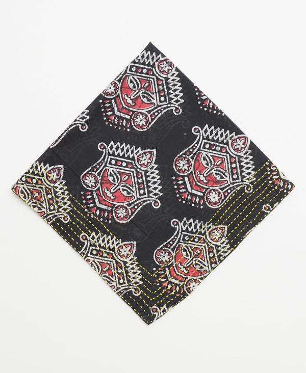 black cotton bandana scarf with red and white faces and yellow kantha embroidery