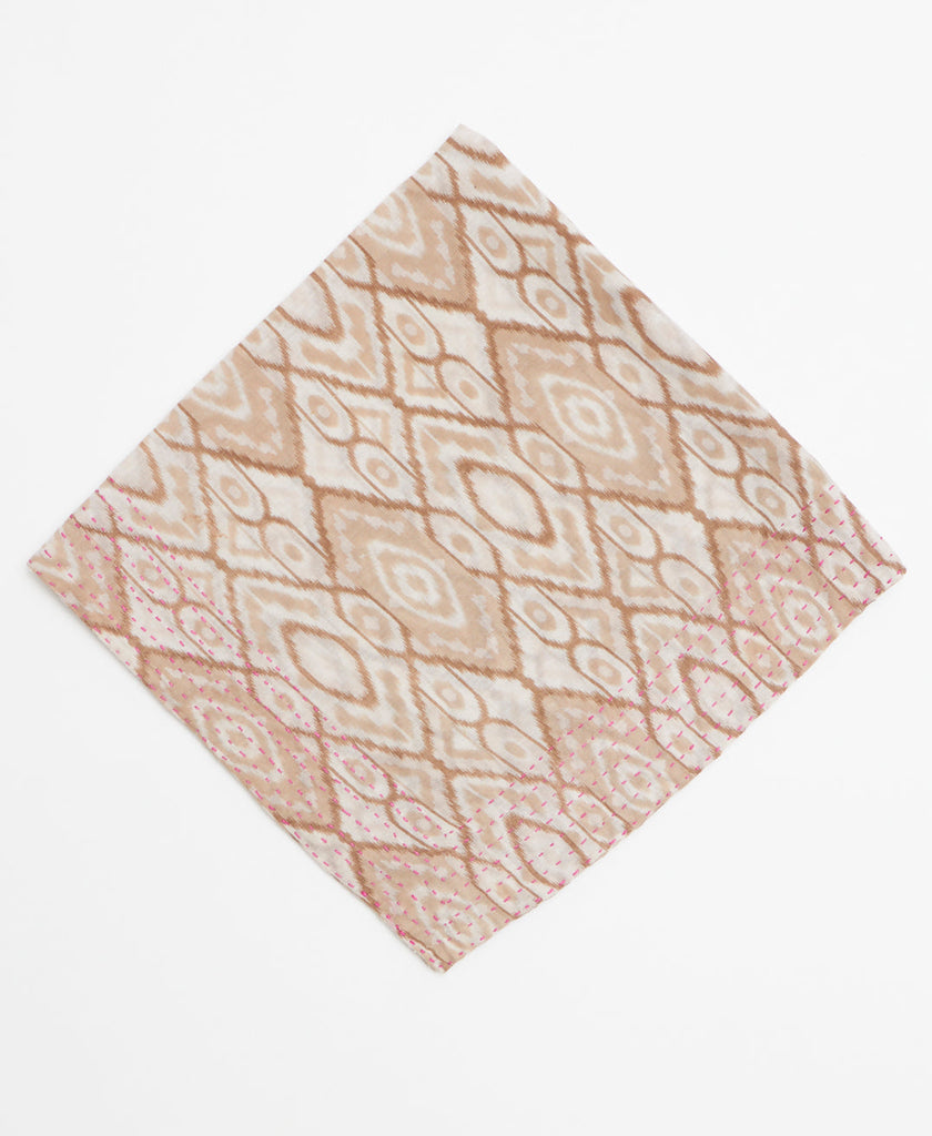Brown and tan abstract print bandana featuring kantha stitching